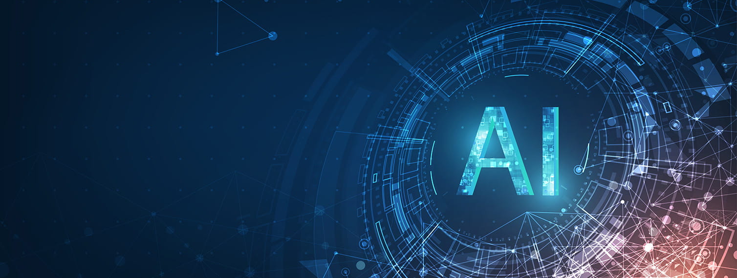 Abstract futuristic digital and technology on dark blue color background. AI(Artificial Intelligence) wording with the circuit design.