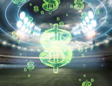The concept of sports betting  with a close-up image of the American dollar sign against the background of the stadium. 