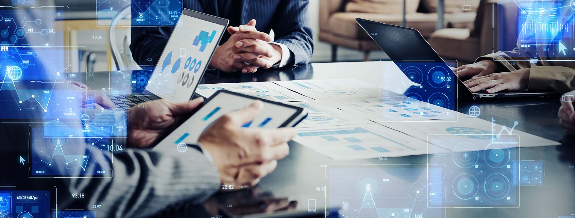 Group of business people meeting and digital technology concept