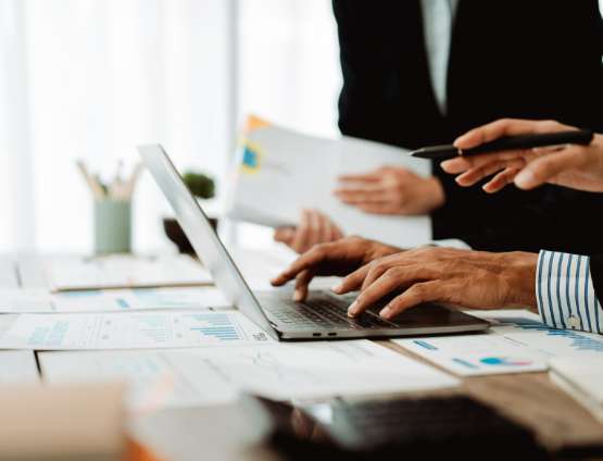 finance professionals reviewing reports