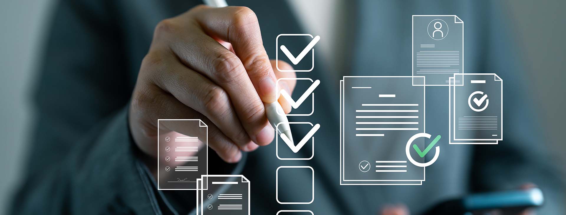 Concept of businesswoman using digital pen to check off virtual checklist on transparent screen