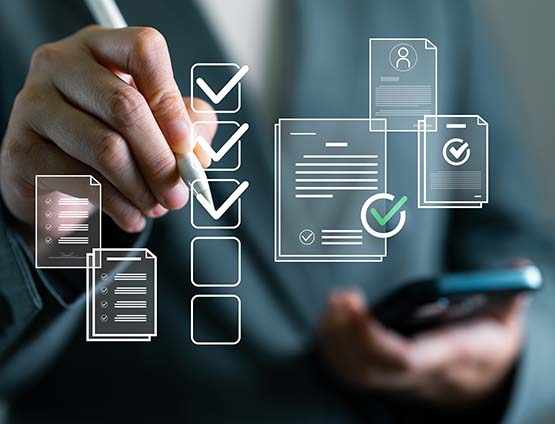 Concept of businesswoman using digital pen to check off virtual checklist on transparent screen