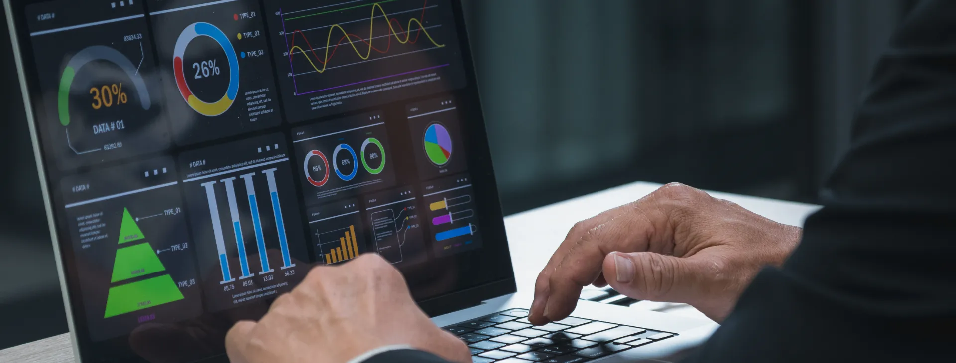 businessman analyzing a complex financial data infographic on a laptop screen