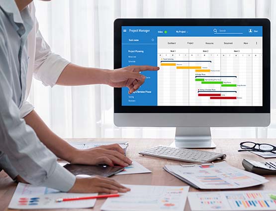 team looking at project management software on a computer screen
