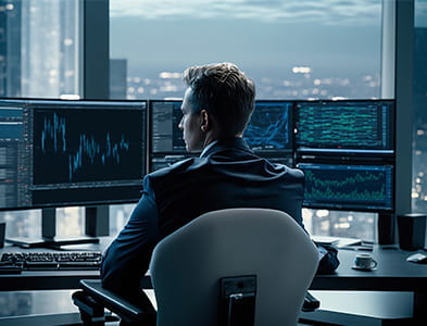 Man looking at financial data on computer