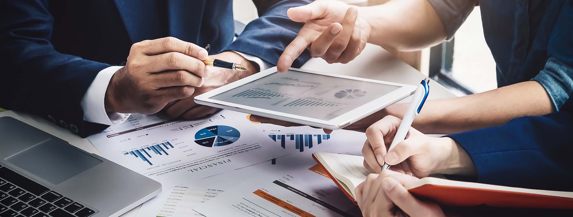 finance professionals reviewing reports