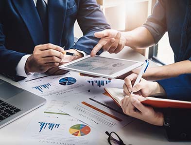 finance professionals reviewing reports